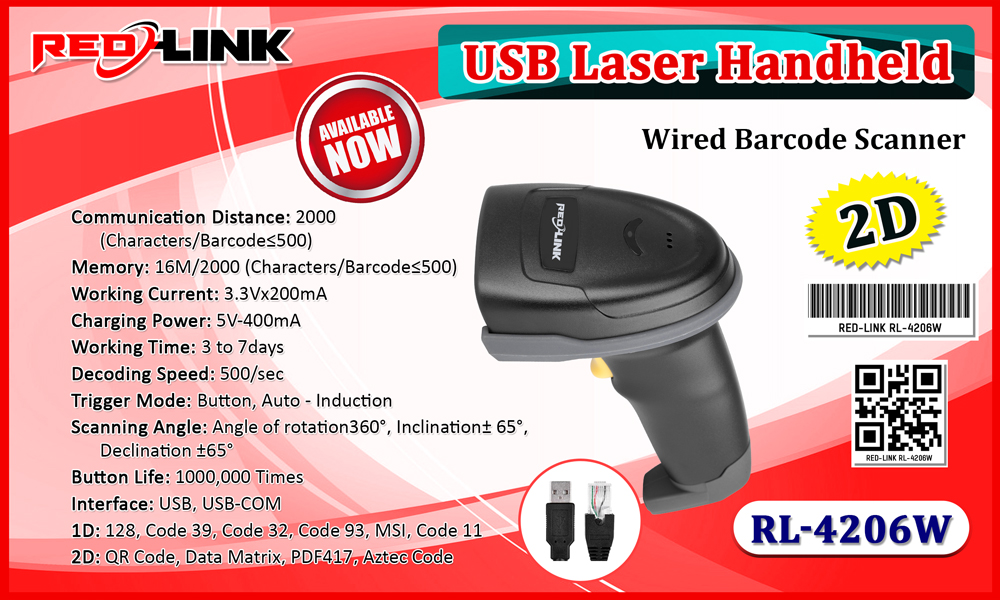 RL-4206W BARCODE SCANNER, PRINTER, DISPLAY redlink Sri lanka