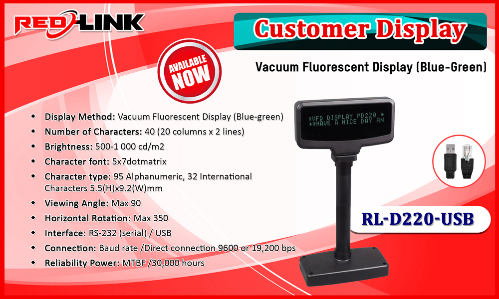 RL-D220-USB BARCODE SCANNER, PRINTER, DISPLAY redlink Sri lanka